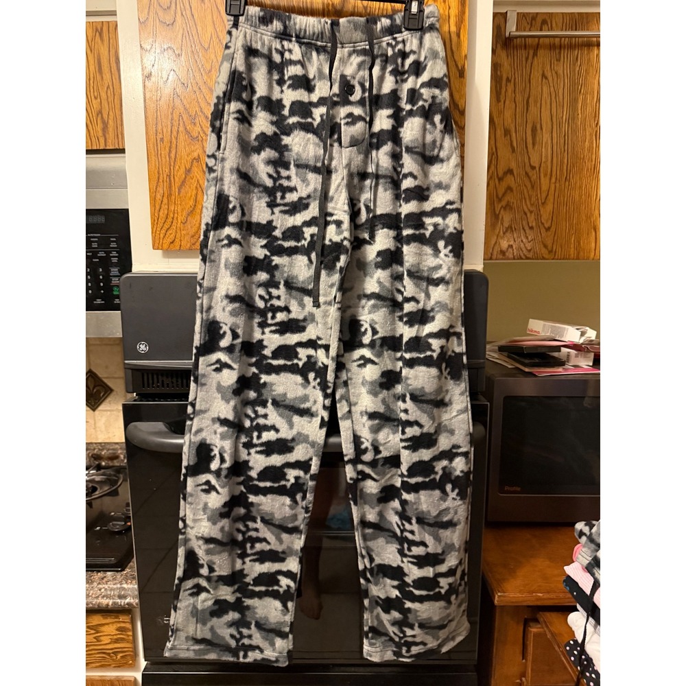 Open Trails Mens XS Fleece Pajama Pants Black Grey Camo Lounge Sleep Bottoms